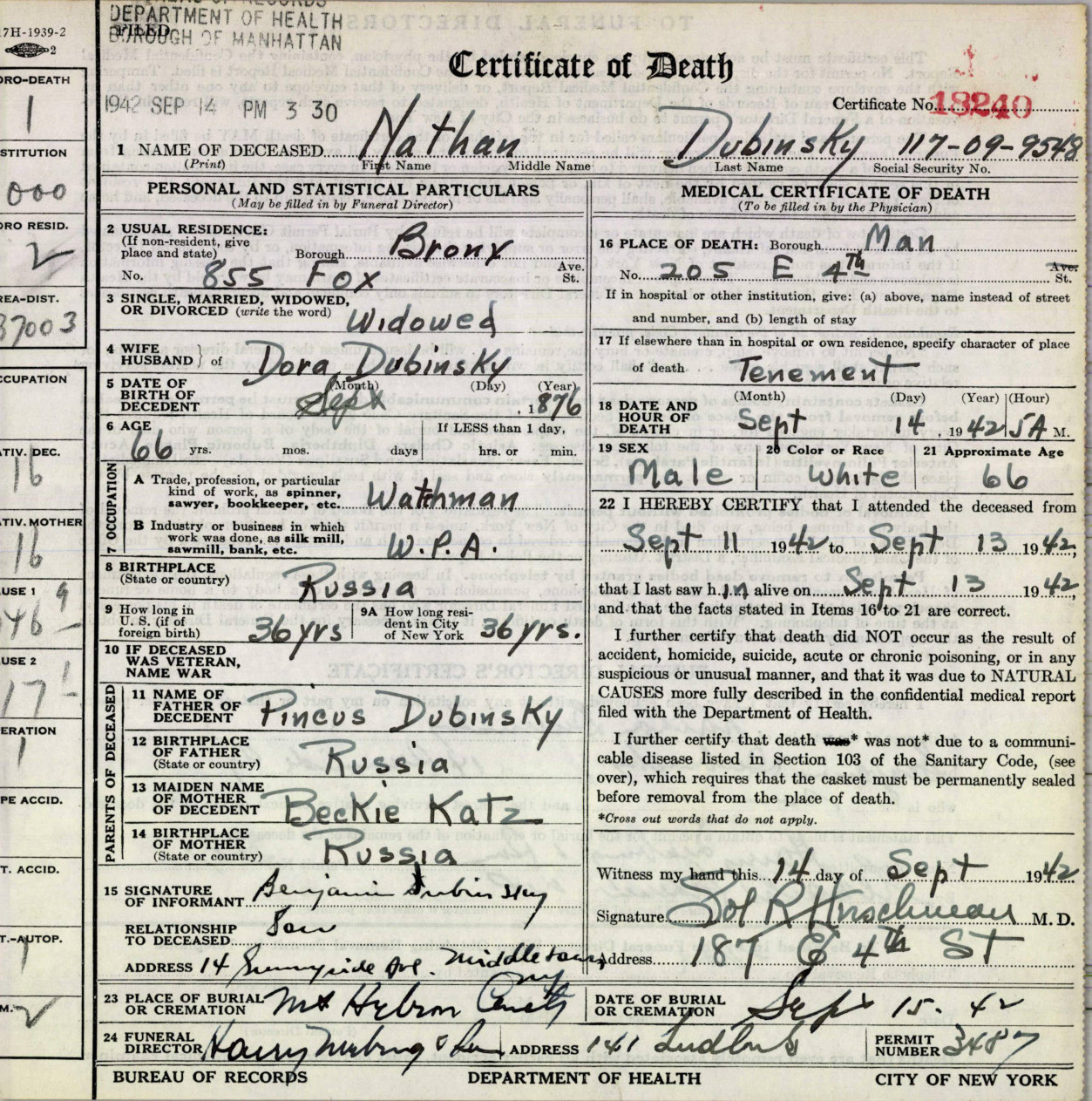Nathan Dubinsky 1942 death certificate