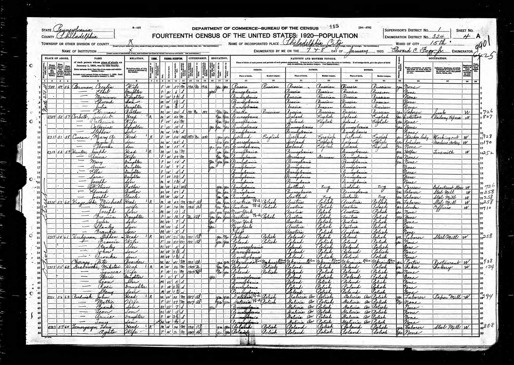 1920 Philadelphia, ED 324, ward 15, sheet 4-A, full page