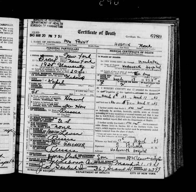 Front page of Fanny Austin's New York City 1943 death certificate