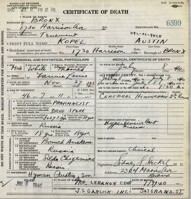 Front page of Kopel Austin's New York City 1940 death certificate
