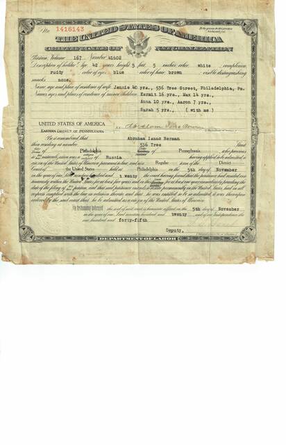 Abraham Isaac Berman's certificate of naturalization, 5 November 1920