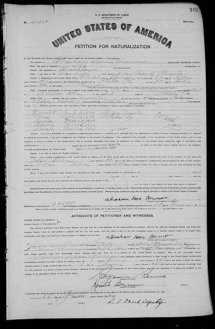 Abraham Isaac Berman's original 1920 petition for naturalization