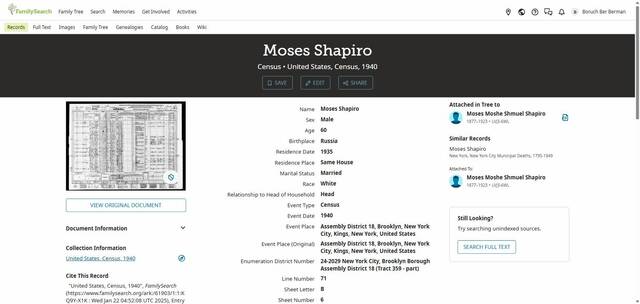 Moses Shapiro, 1940 census record index