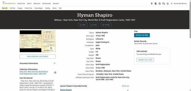 Hyman Shapiro, World War II draft record index