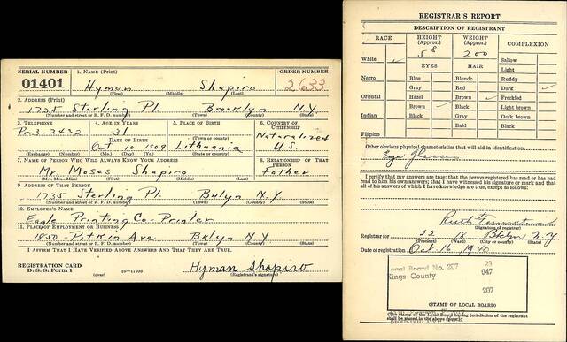 Original Hyman Shapiro 1940 draft card