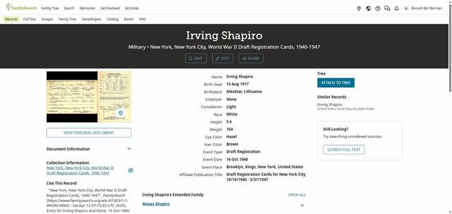 Irving Shapiro, World War II draft record index