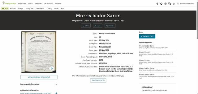 Morris Isidor Zaron, 1916 declaration record index