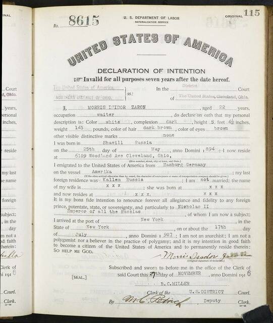 Original Morris Zaron 1916 declaration