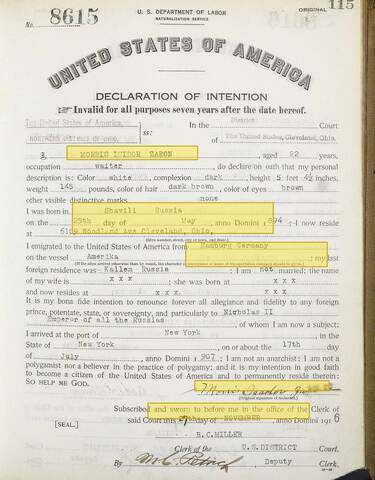 Original: morris zaron 1916 declaration marked