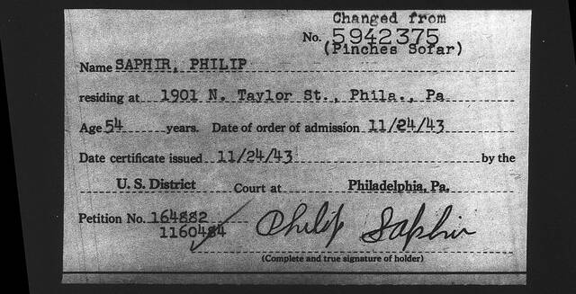 Philip Saphir, 1943 naturalization index, petition 164882